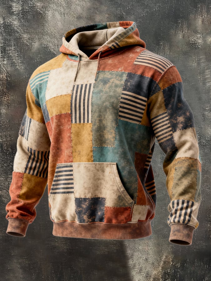 Sudadera retro desgastado en bloques de color estampado casual de manga larga para hombre