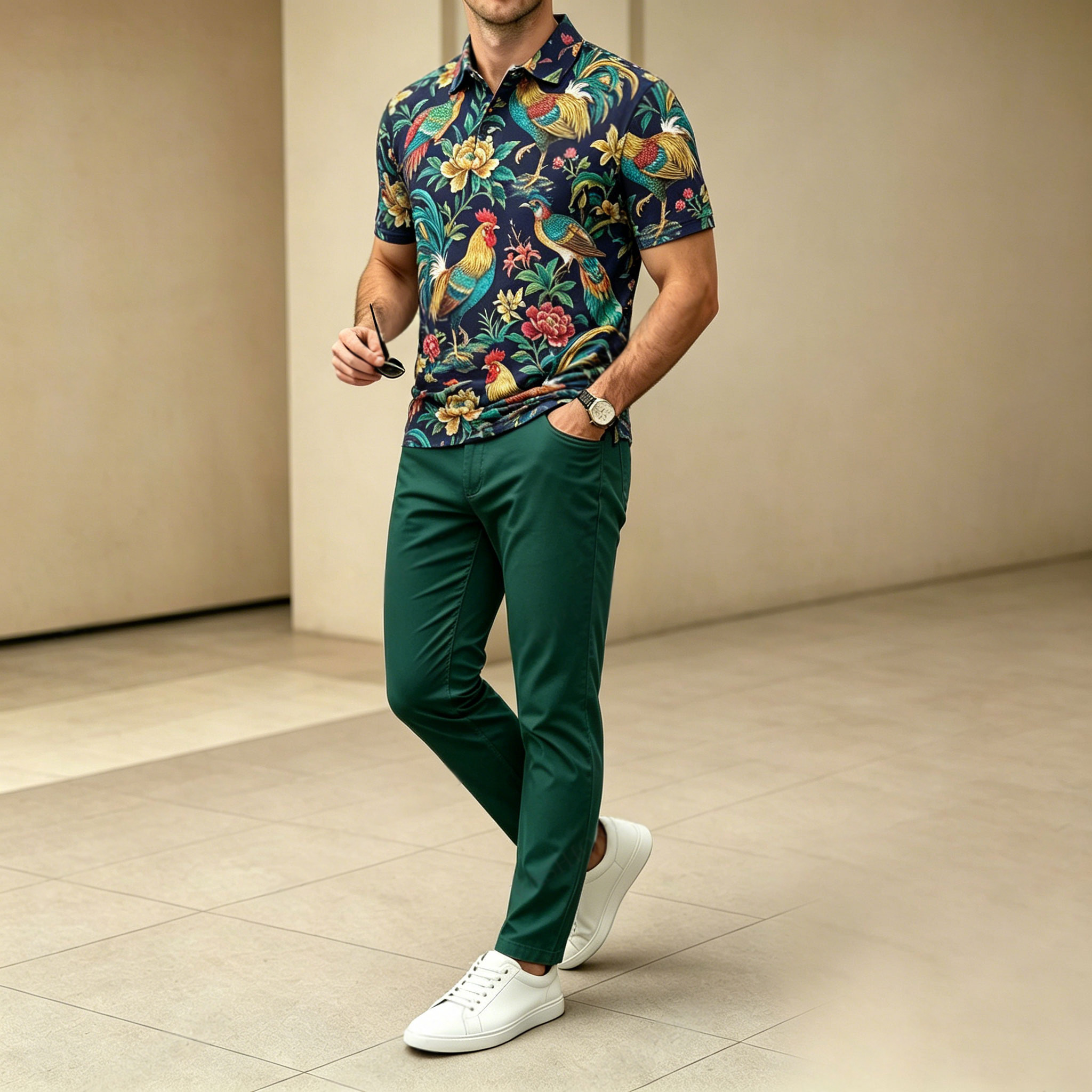 Conjunto de dos piezas casual Green Rooster estampado camisa polo And pantalón para hombre