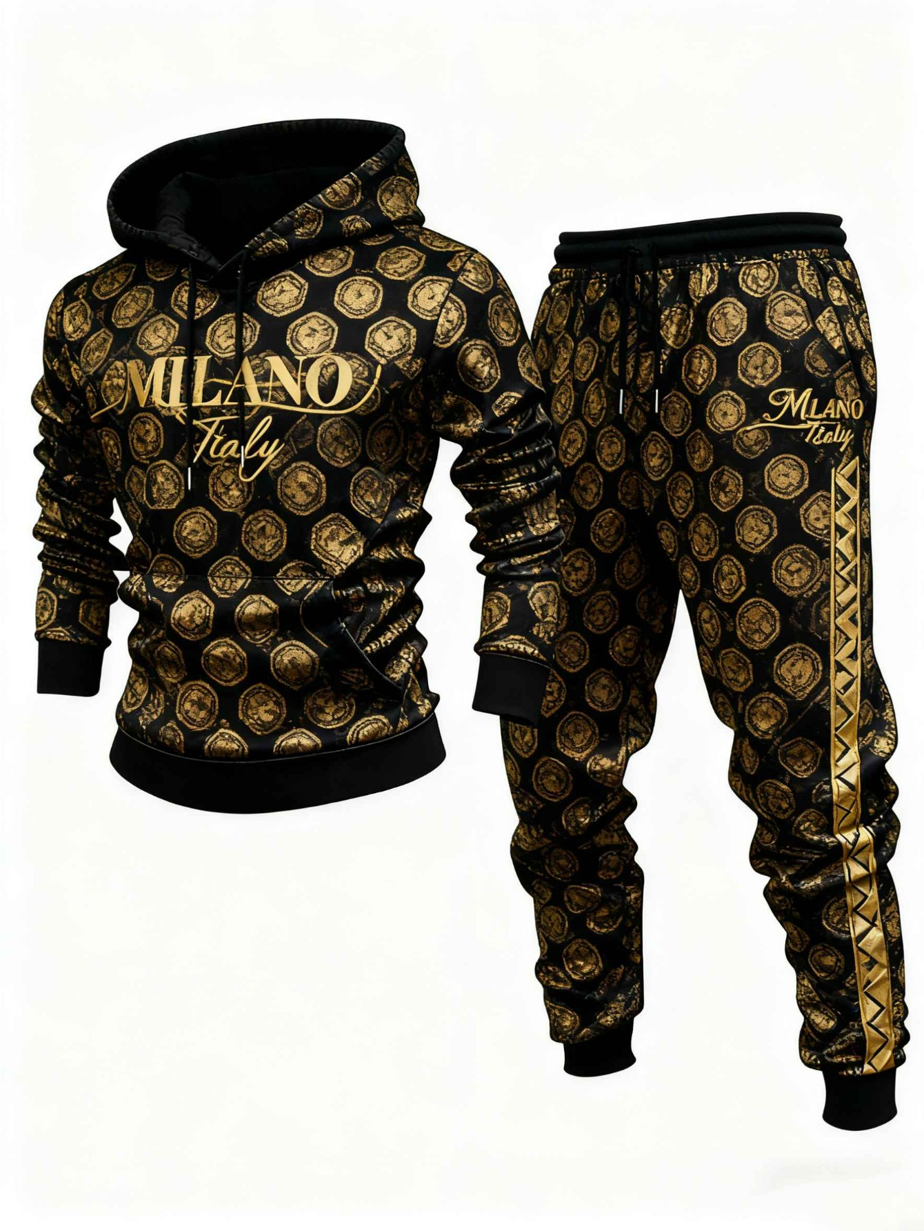 Conjunto de dos piezas casual Gold & Black Color Matching Geometric estampado sudadera con capuchas de manga larga sudaderas & Sweatpantalón para hombre