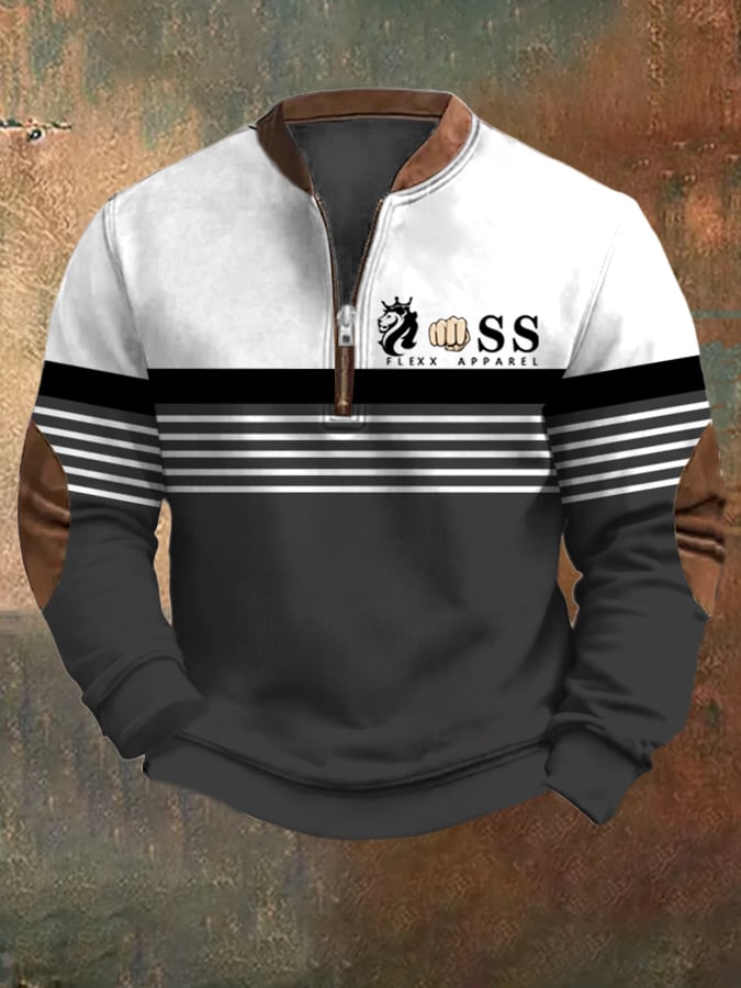 Sudadera retro Letter Design estampado casual cierre cuello de manga larga para hombre