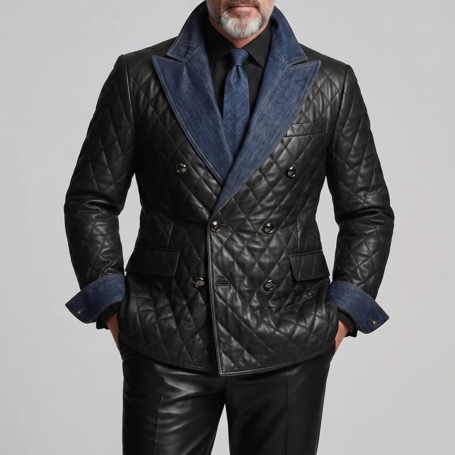 para hombre Black Double-Breasted Denim Contrast Peak Lapel Quilted PU Leather saco