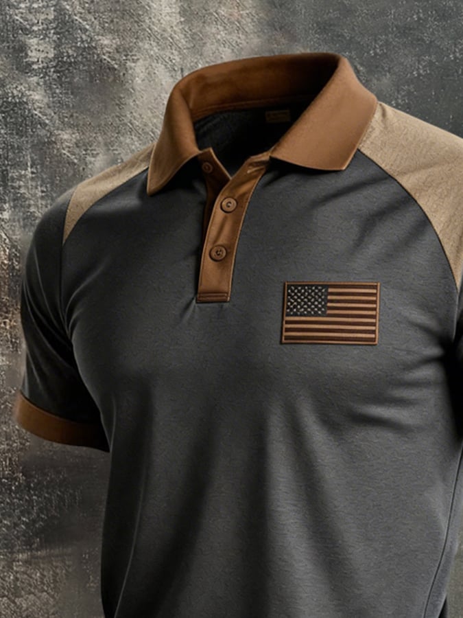 Retro Patriot en bloques de color Polo Collar de manga corta para hombre