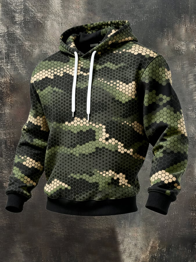Sudadera retro desgastado en bloques de color camuflaje estampado casual de manga larga para hombre