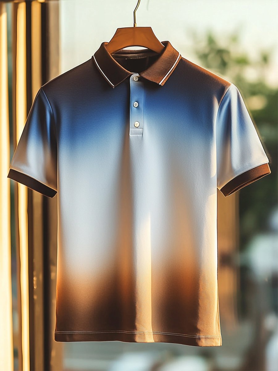 Camisa polo casual Holiday degradado estampado Button de manga corta para hombre