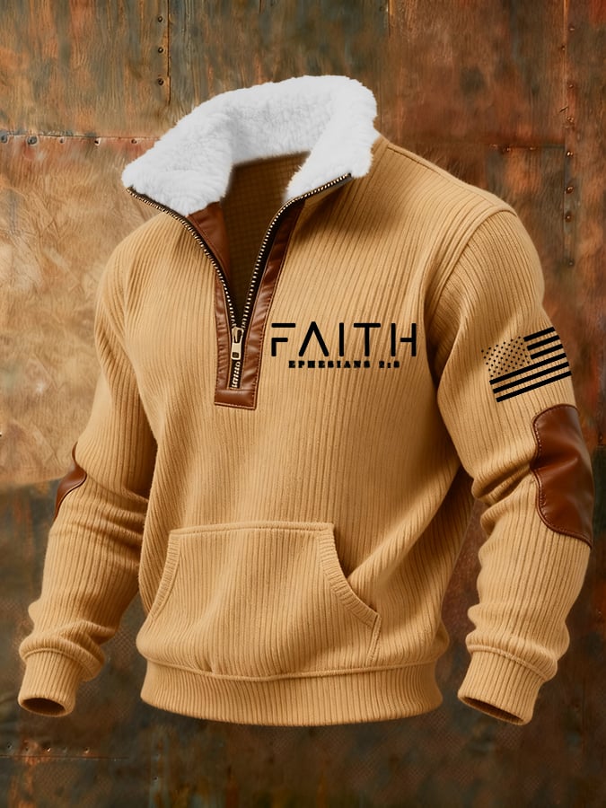 Sudadera retro Faith Cross estampado cierre Fur cuello de manga larga para hombre