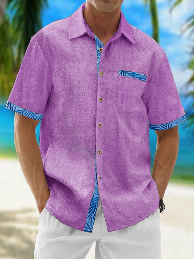 Camisa Resort Style Contrast estampado casual de manga corta para hombre