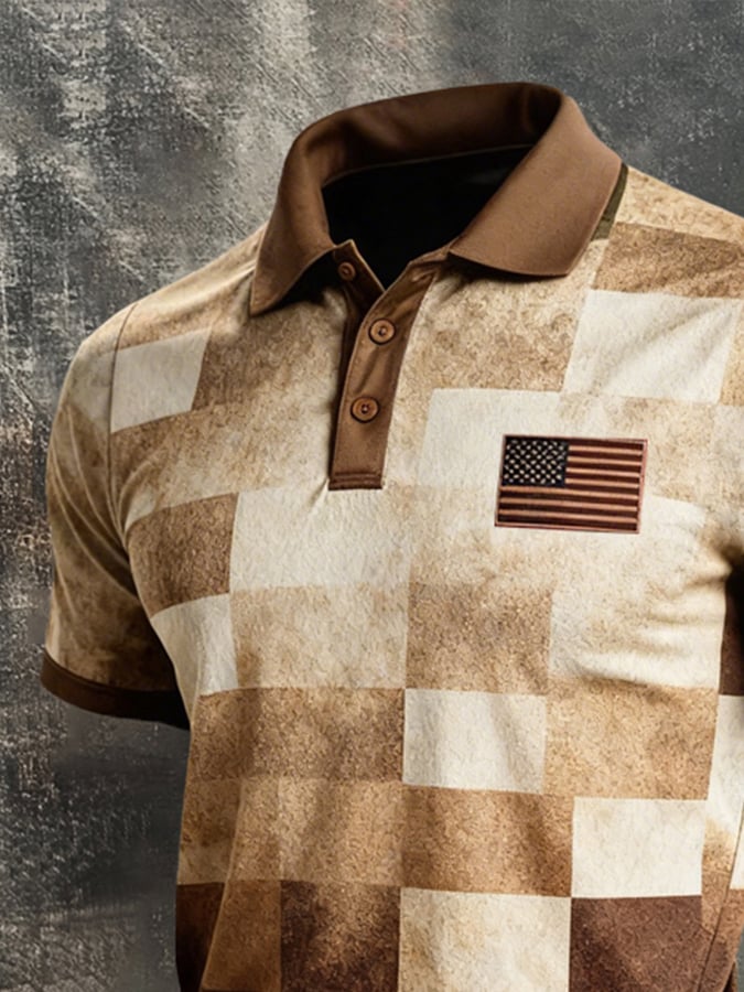 Retro Patriot en bloques de color Polo Collar de manga corta para hombre