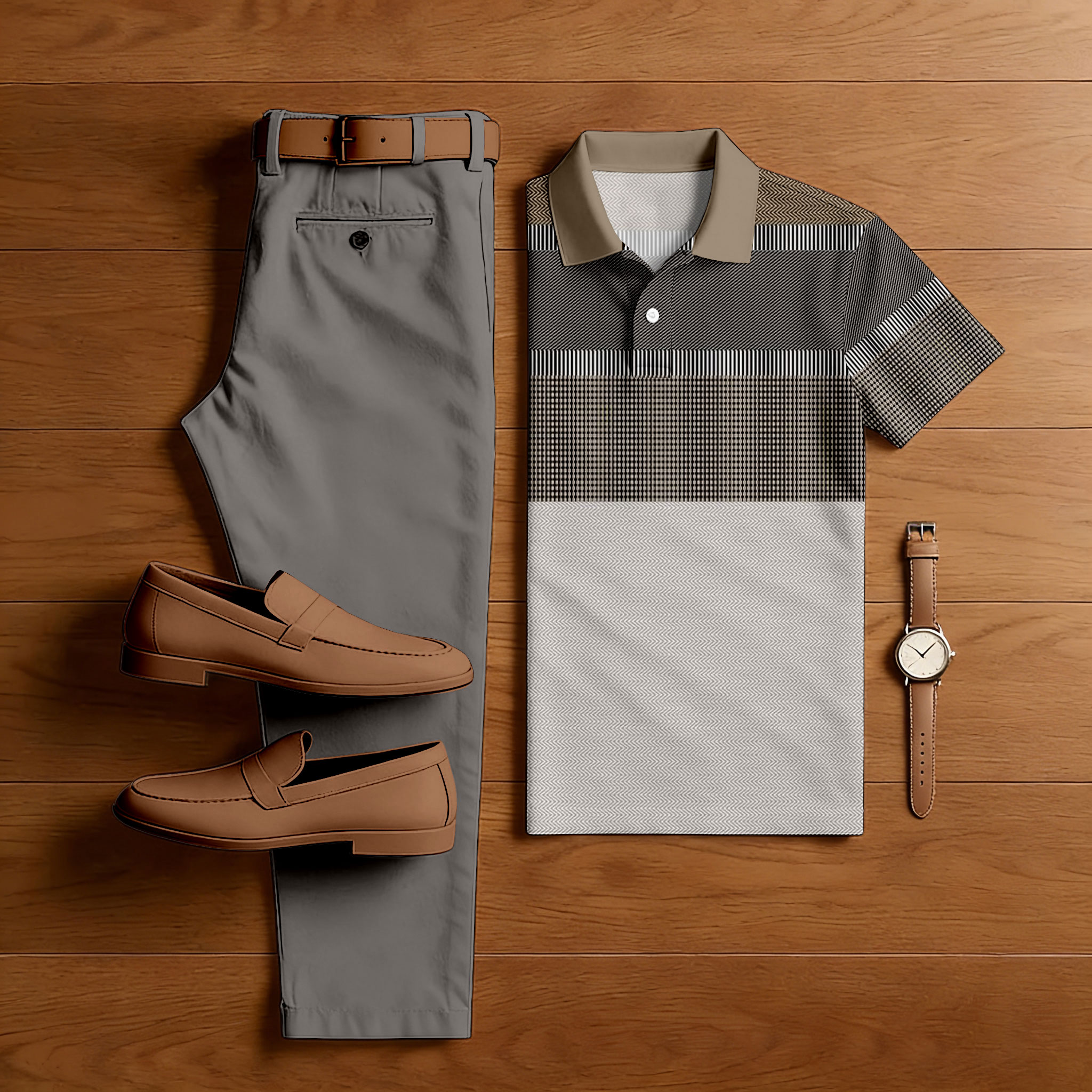 Conjunto de dos piezas casual Khaki Coffee Color Matching a rayas estampado de manga corta camisa polo & Trousers para hombre
