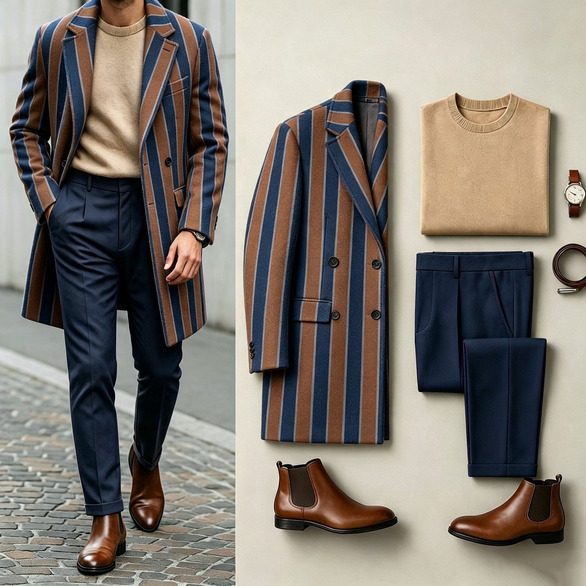 para hombre a rayas Three-Piece Set: Mid-Length Wool Coat, Crew-Neck Sweater, and Flowy Dress pantalón