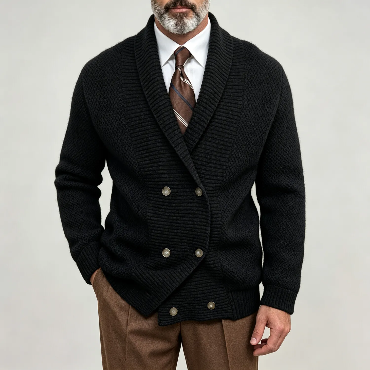 para hombre de color sólido Ribbed Shawl Collar Double-Breasted ejecutivo casual tejidoted Cardigan