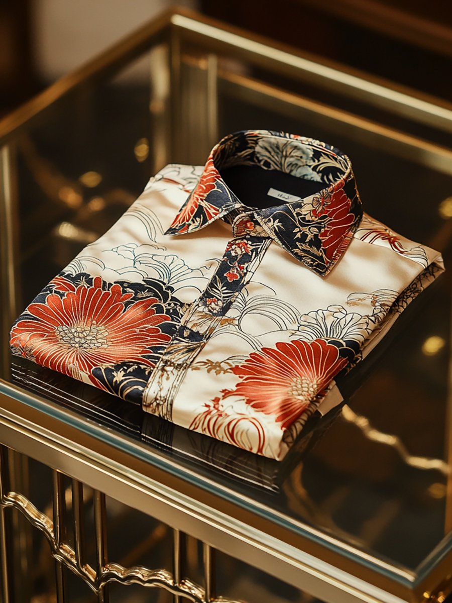 Camisa satén de lujo ejecutivo Ukiyo-E de manga larga para hombre