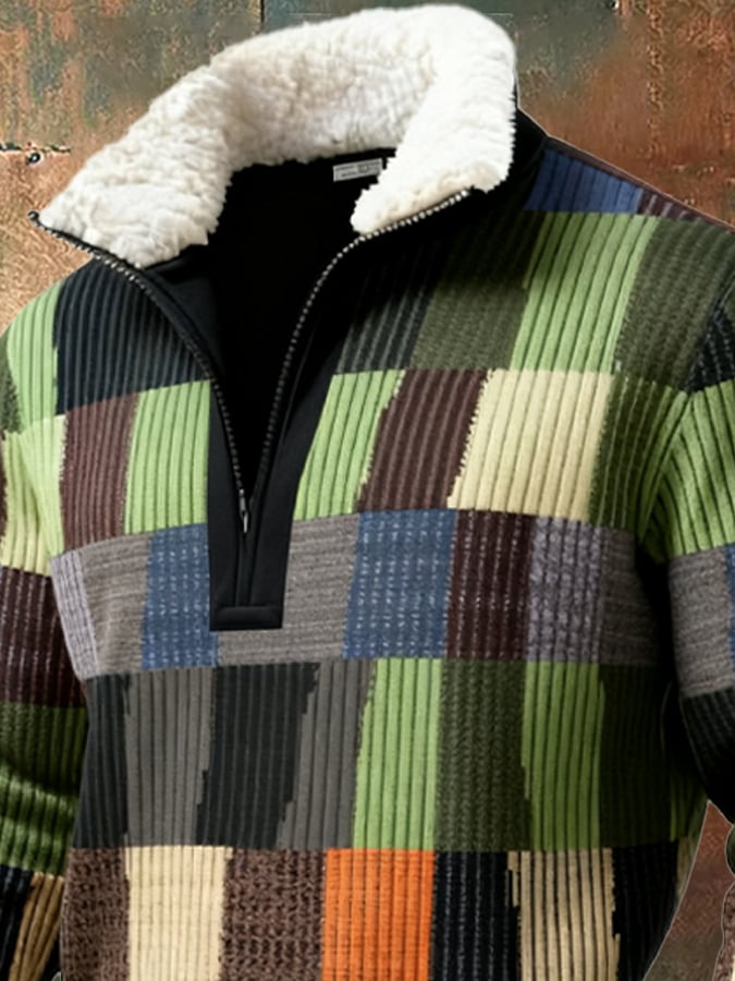 Sudadera retro en bloques de color estampado casual Fur cuello para hombre