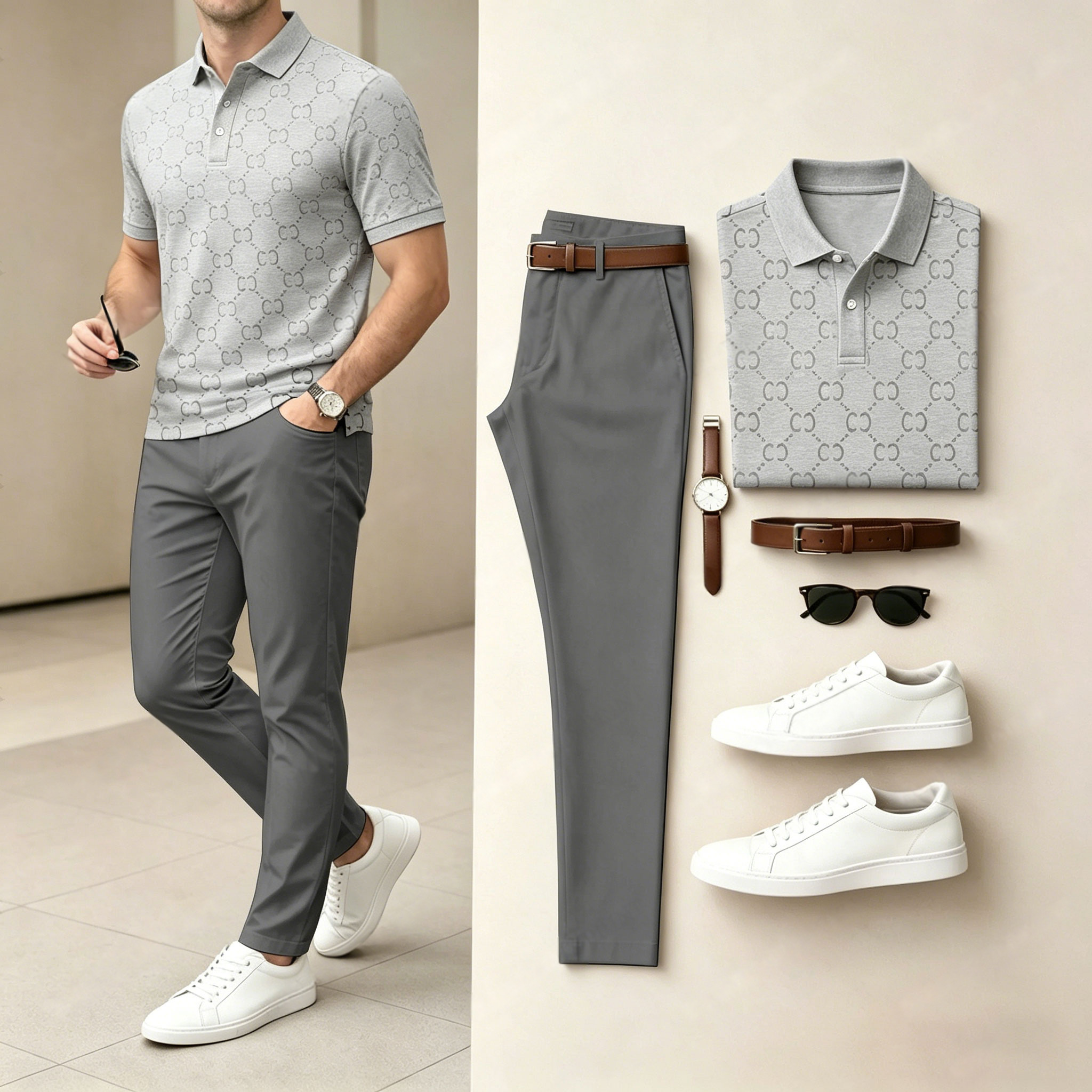Conjunto de dos piezas casual Gray a cuadros estampado camisa polo And pantalón para hombre