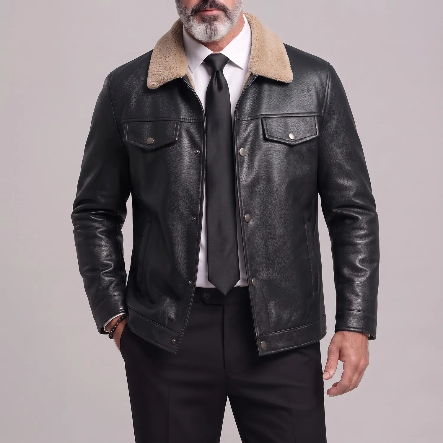 para hombre vintage Fuzzy Turndown Collar Snap Button con cierre PU Leather chaqueta