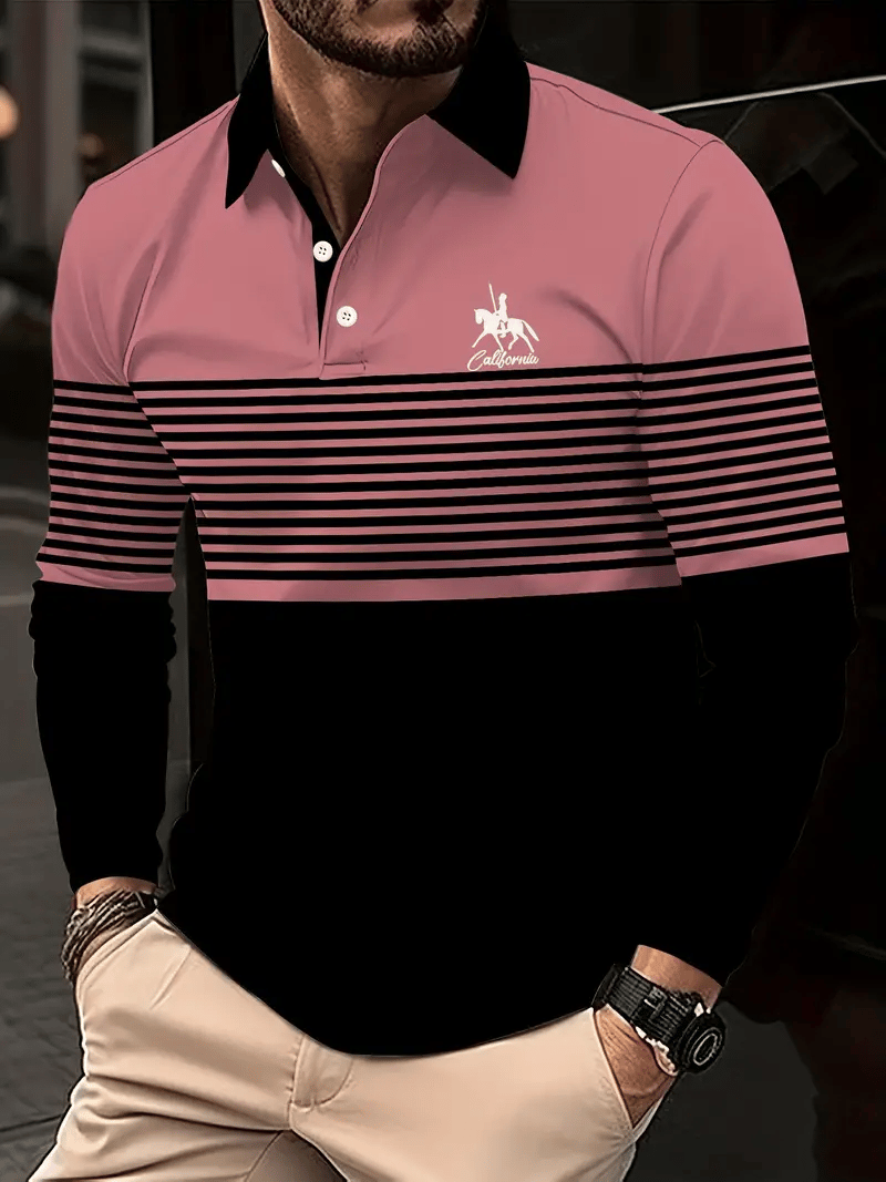 Camisa polo retro ejecutivo rayas estampado de manga larga para hombre