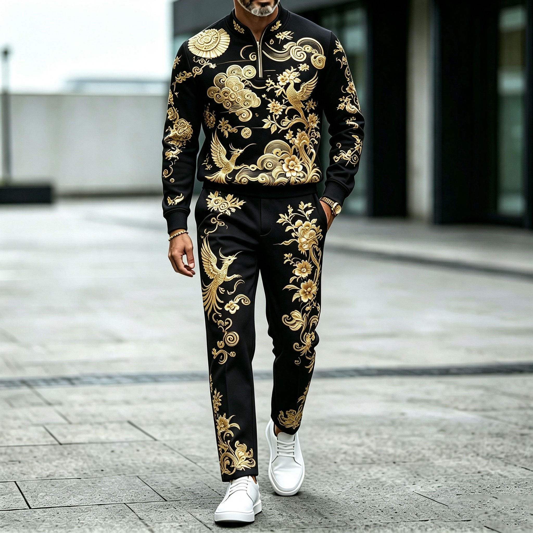 para hombre Two-Tone Round-Neck Zipper de manga larga camisa and pantalón Set