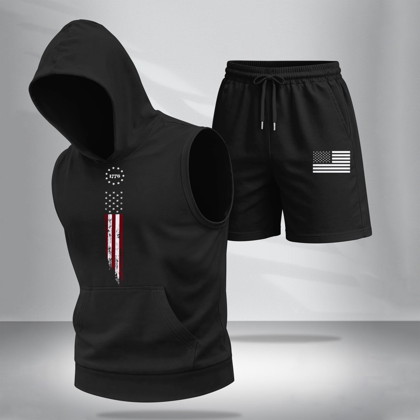 Conjunto de dos piezas American Flag estampadoHooded Tank Top & shorts Set, Regular Fitcasual Athletic de moda Activewear SleevelessTop & shorts, Summer Clothes para hombre