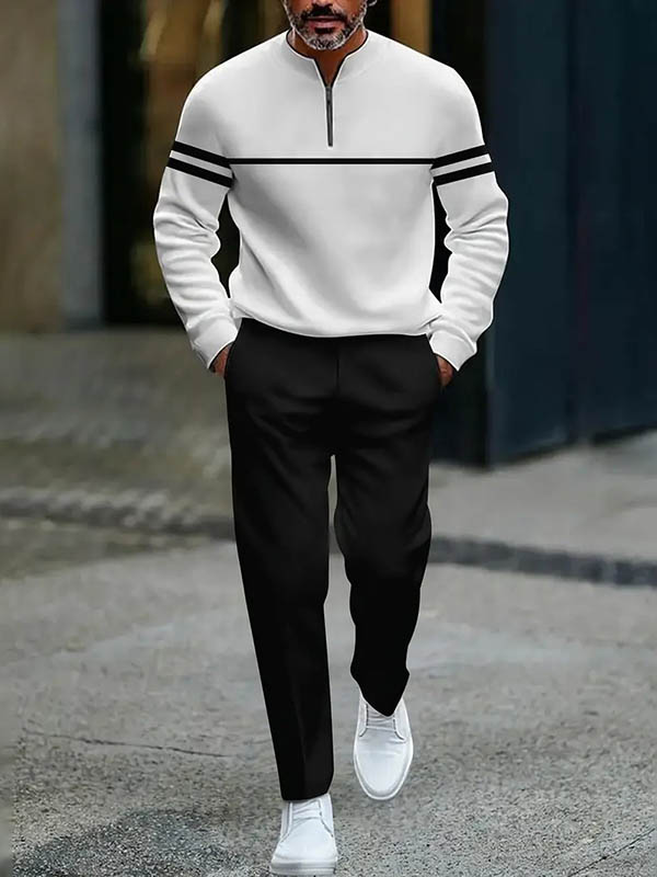 Conjunto de dos piezas casual Color Matching estampado Round-Neck Zipper de manga larga Trousers para hombre
