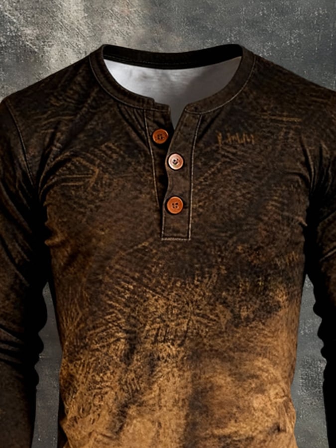 Camiseta retro Stitching Contrast Color Henley cuello de manga larga para hombre