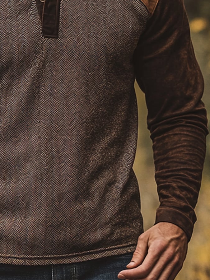 Camisa casual retro casual Colorblock de manga larga Henley para hombre