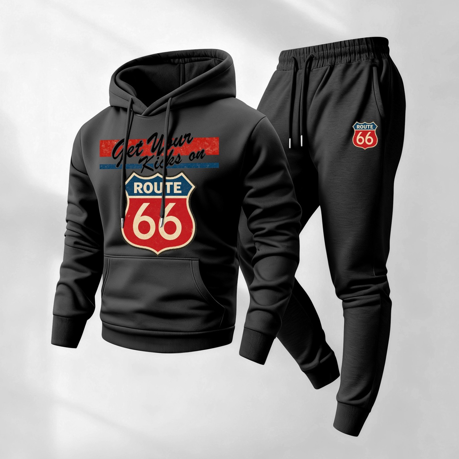Sudadera con capucha Route 66 retro Patterned And Drawstring Track pantalón Set, casual Athletic de manga larga Hooded chaqueta And pantalón, Suitable For Fall And Winter, Street Style sudadera con capucha Set, Everyday Wear, Indoor And para exterior Sportswear, para hombre