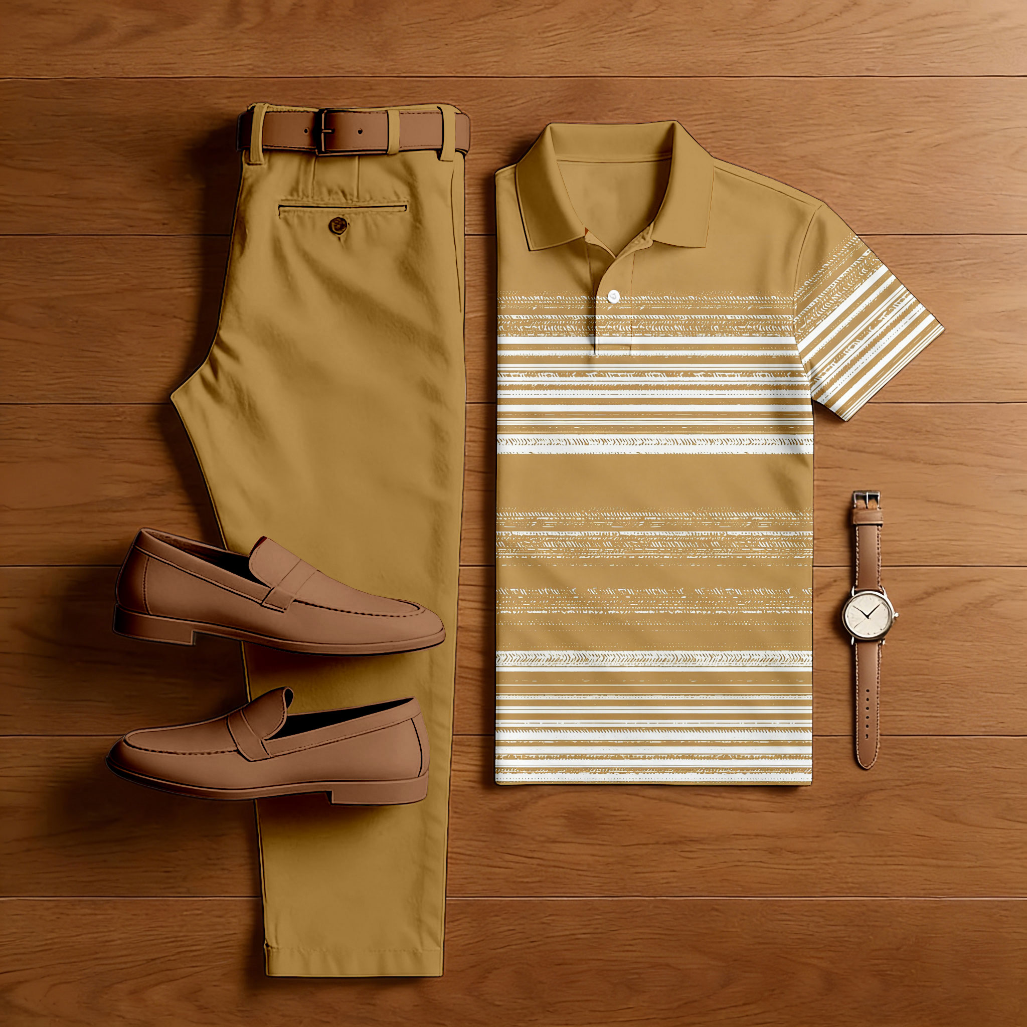 Conjunto de dos piezas casual Yellow & White Color Matching a rayas estampado de manga corta camisa polo & Trousers para hombre
