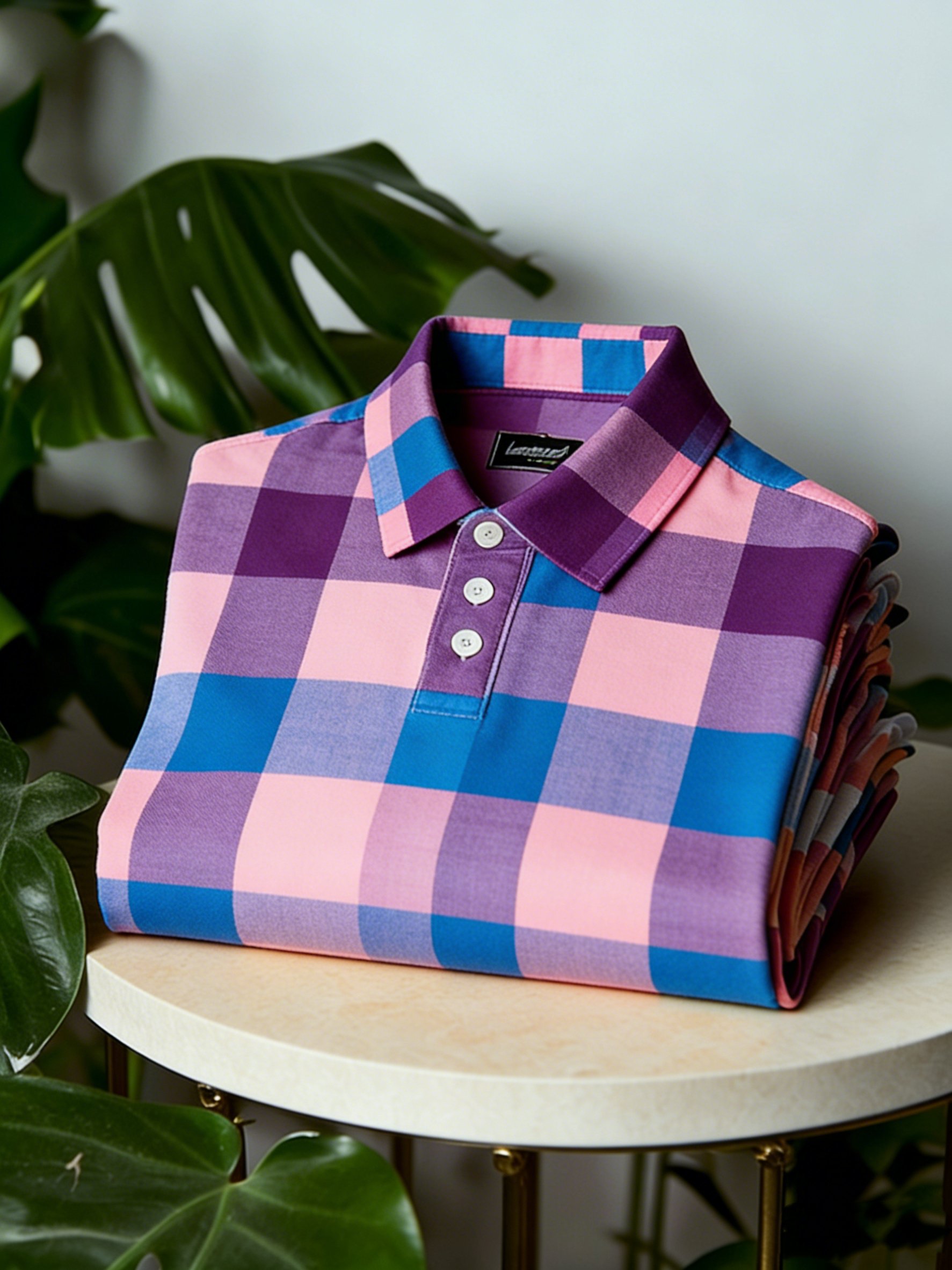 Camisa polo ejecutivo casual Button de manga corta a cuadros Purple para hombre