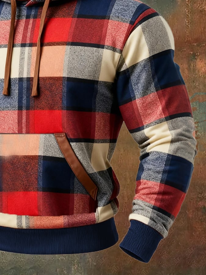 Sudadera retro a cuadros Contrast Color Hooded para hombre