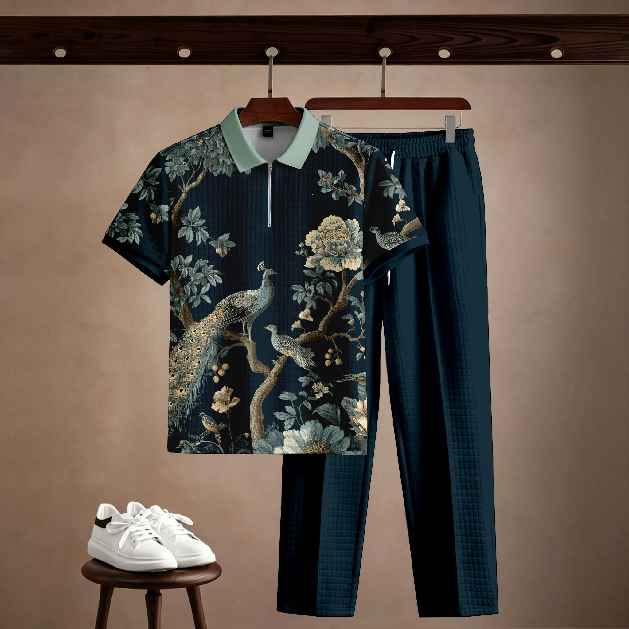 Conjunto de dos piezas casual Dark Peacock estampado Polo de manga corta camiseta And pantalón para hombre