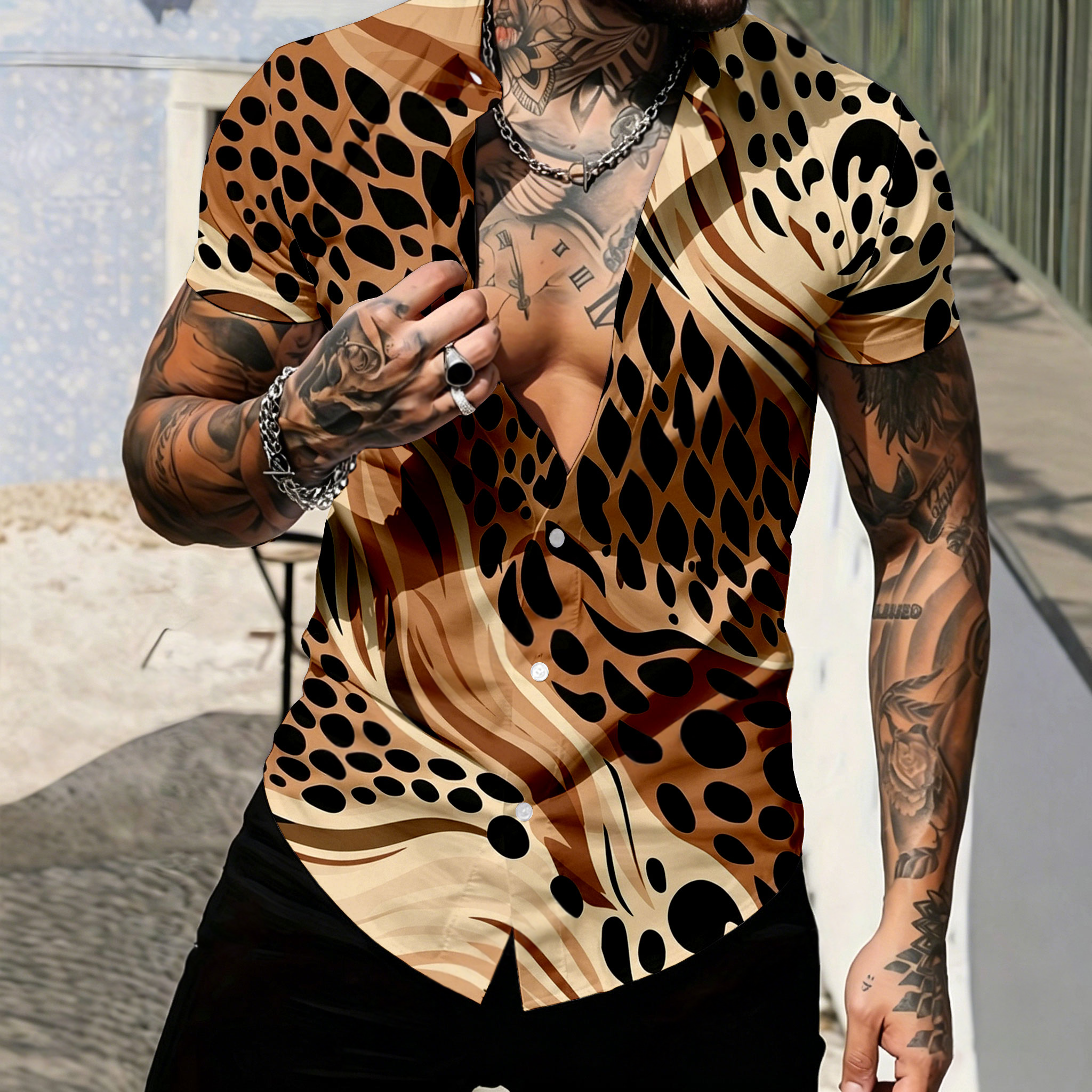 Camisa casual de manga corta With Leopard estampado para hombre