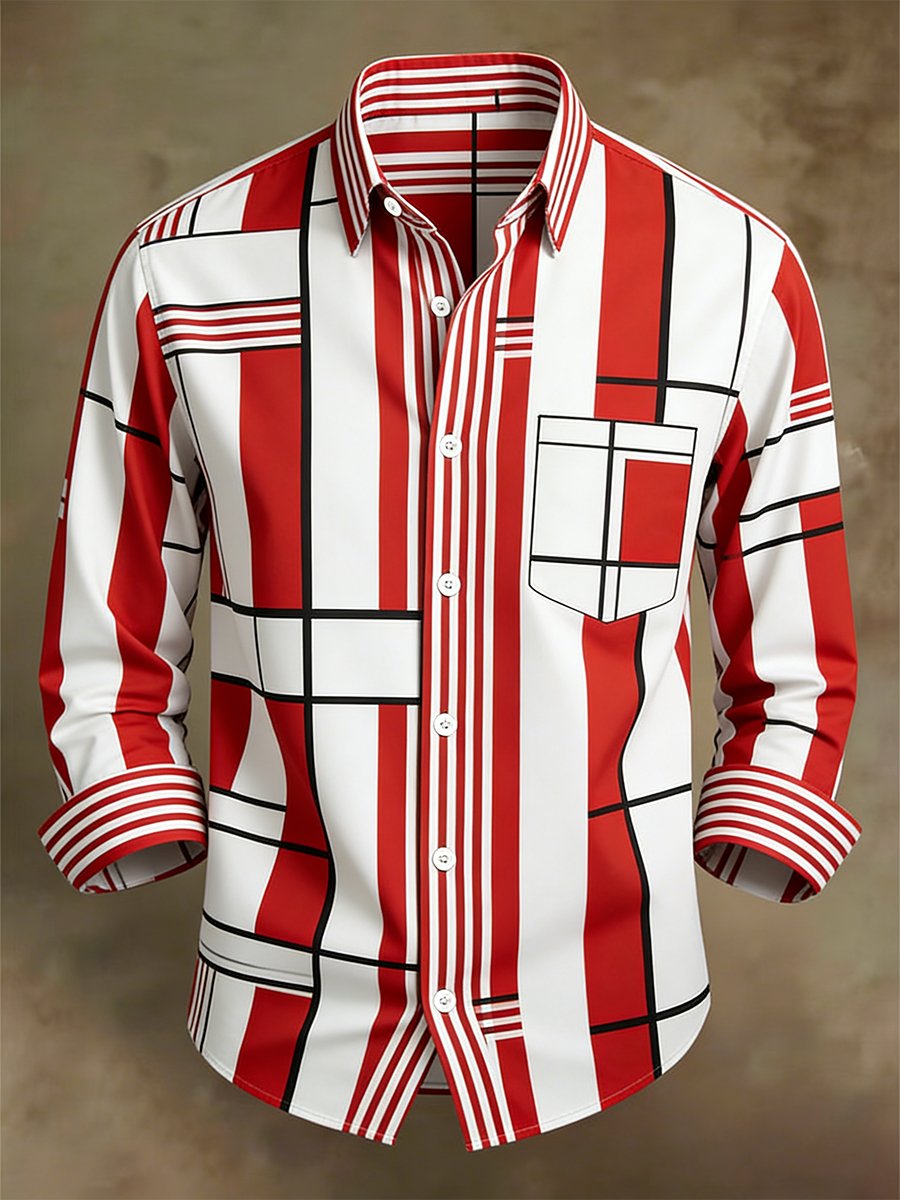 Camisa retro ejecutivo Bag House Geometric de manga larga para hombre