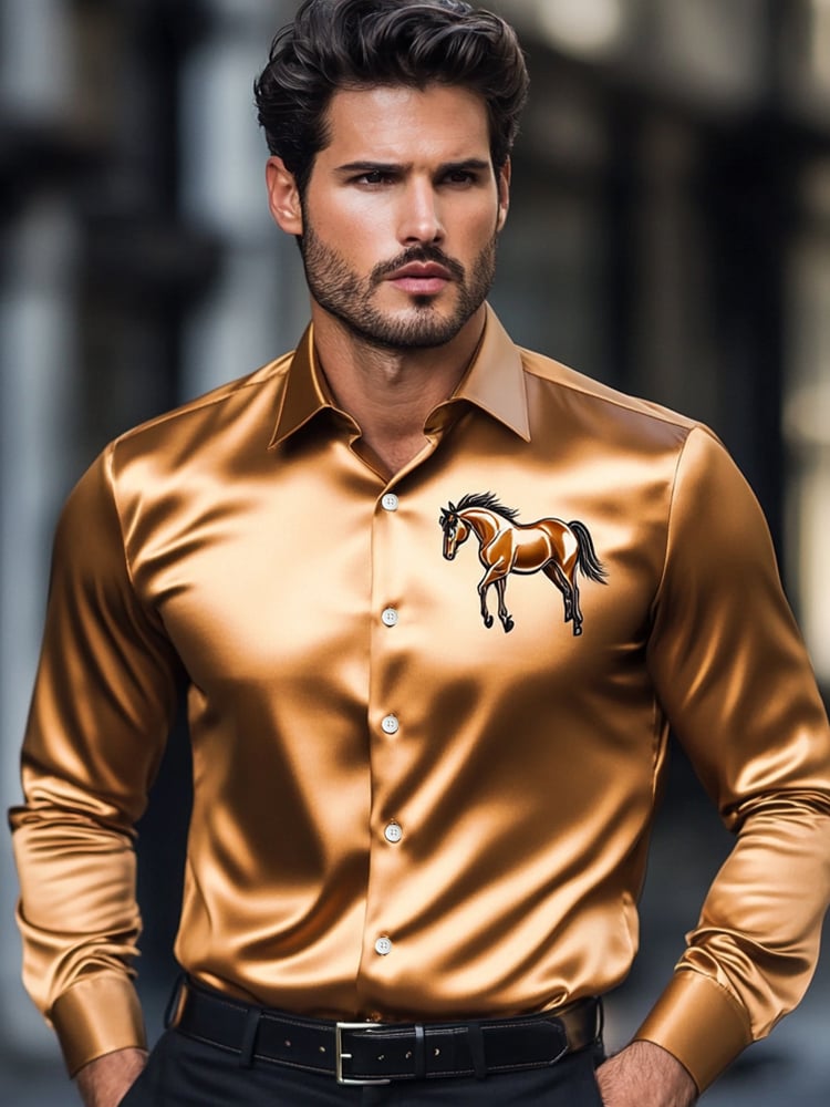 Camisa de lujo Chest Art Horse estampado de manga larga para hombre