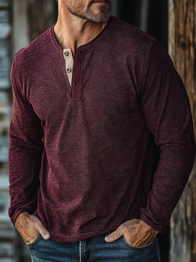 Camisa casual retro casual Colorblock de manga larga Henley para hombre