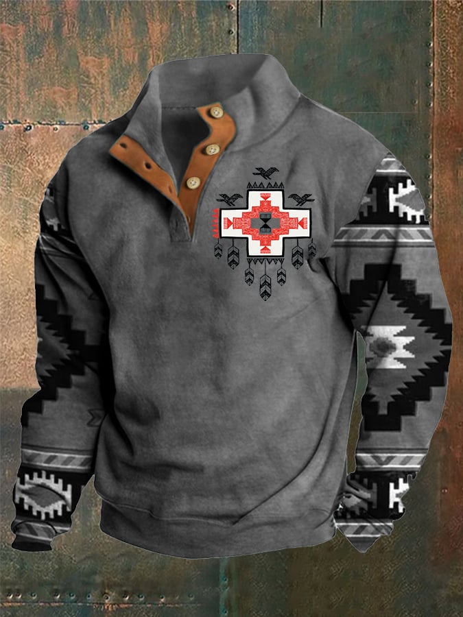 Sudadera Western Style estampado Stand cuello Button para hombre