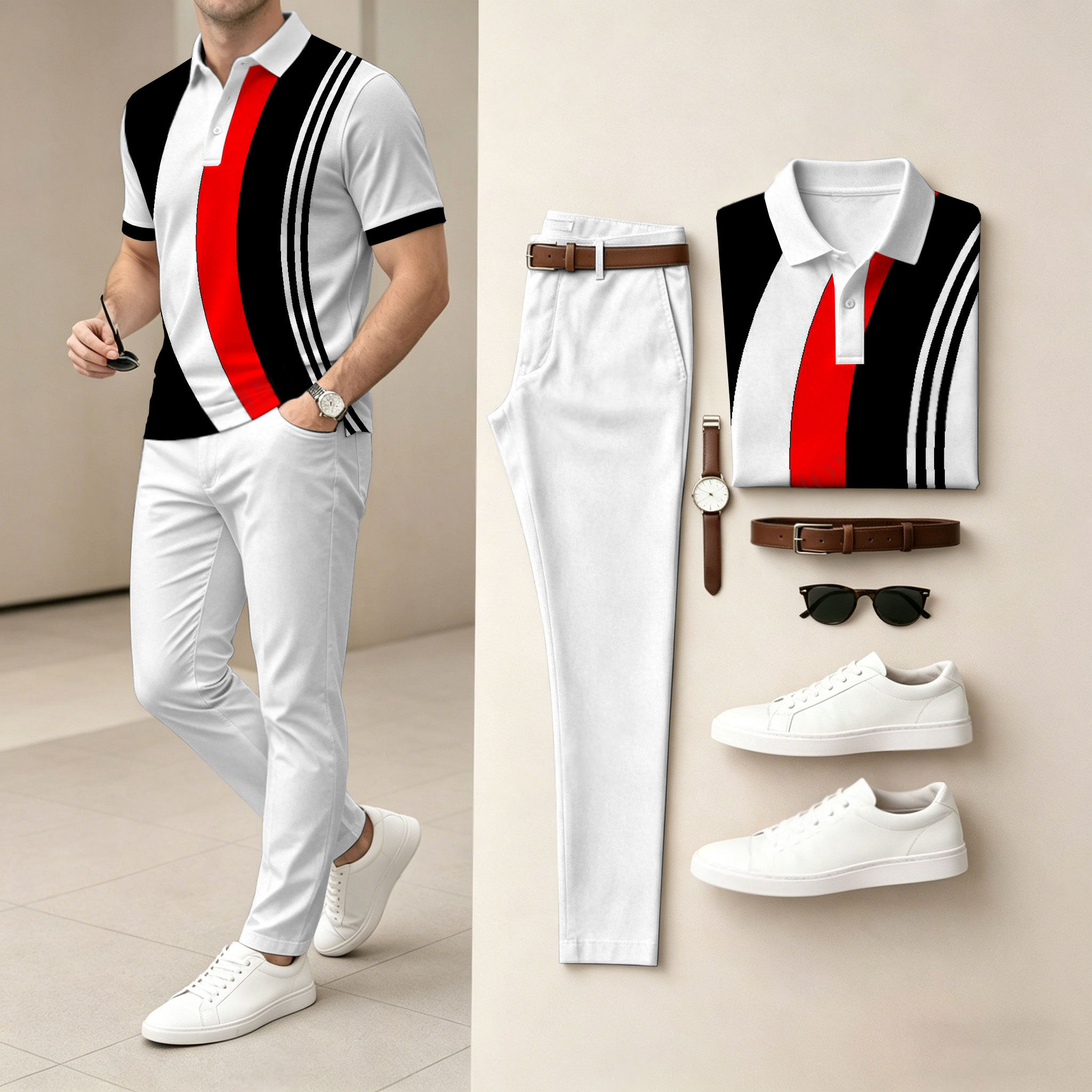 Camisa polo casual a rayas estampado de manga corta And pantalón Set (Excludes Accessories Such As Watches And Belts) para hombre