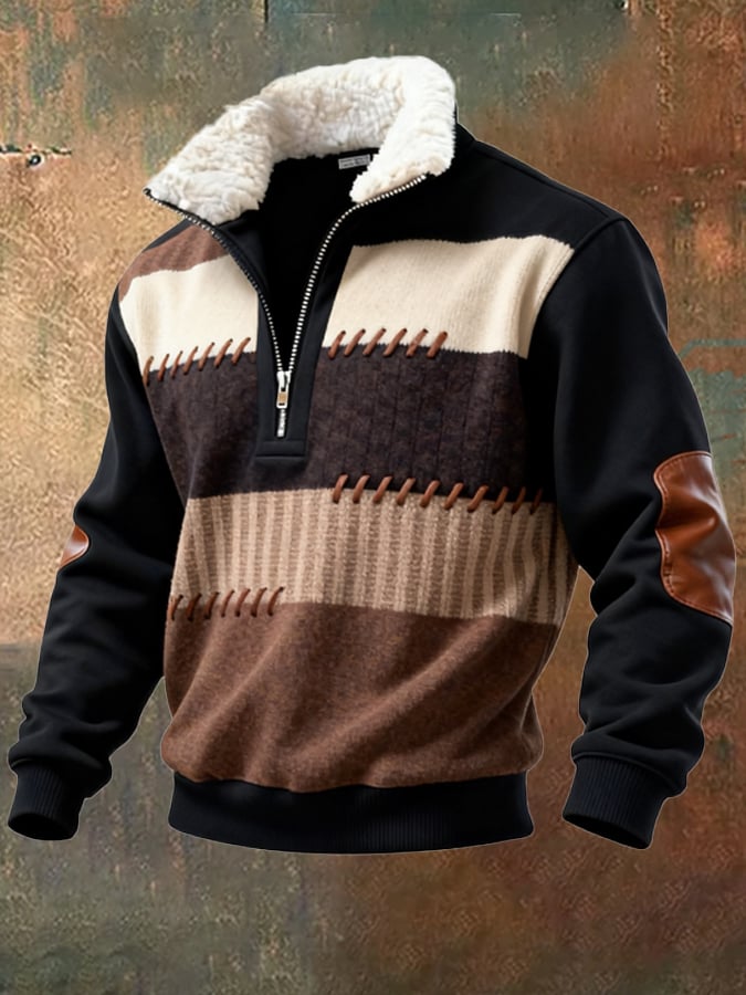 Sudadera retro en bloques de color estampado casual Fur cuello para hombre