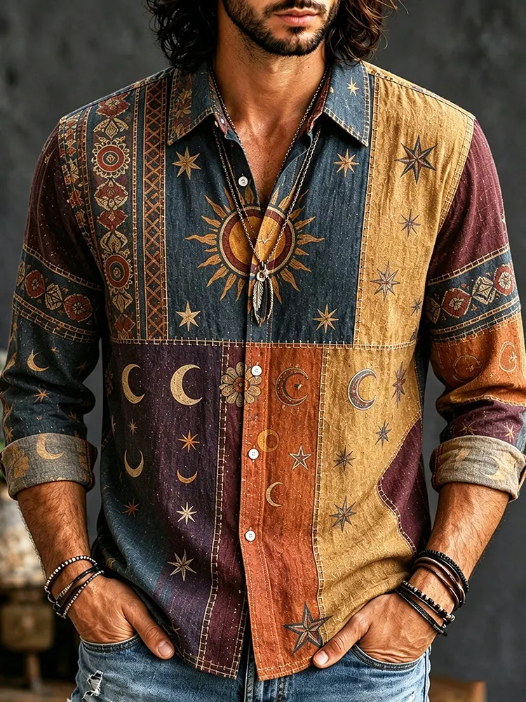 Camisa Hippie Sun And Moon Element Patchpara trabajo Art estampado de manga largas para hombre