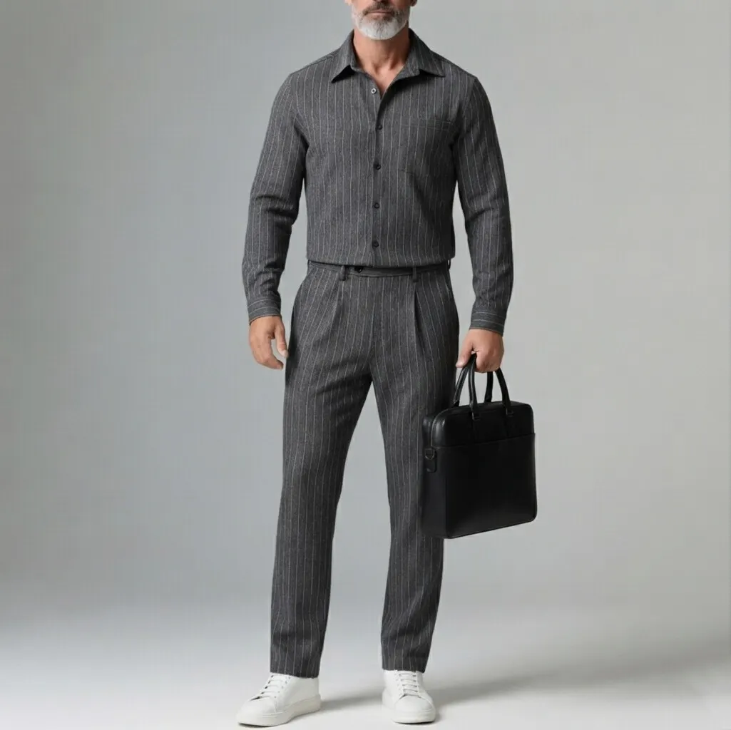para hombre Dark Gray Pinstripe Print Chest Pocket Button-Up camisa & Suit pantalón 2Pcs Set