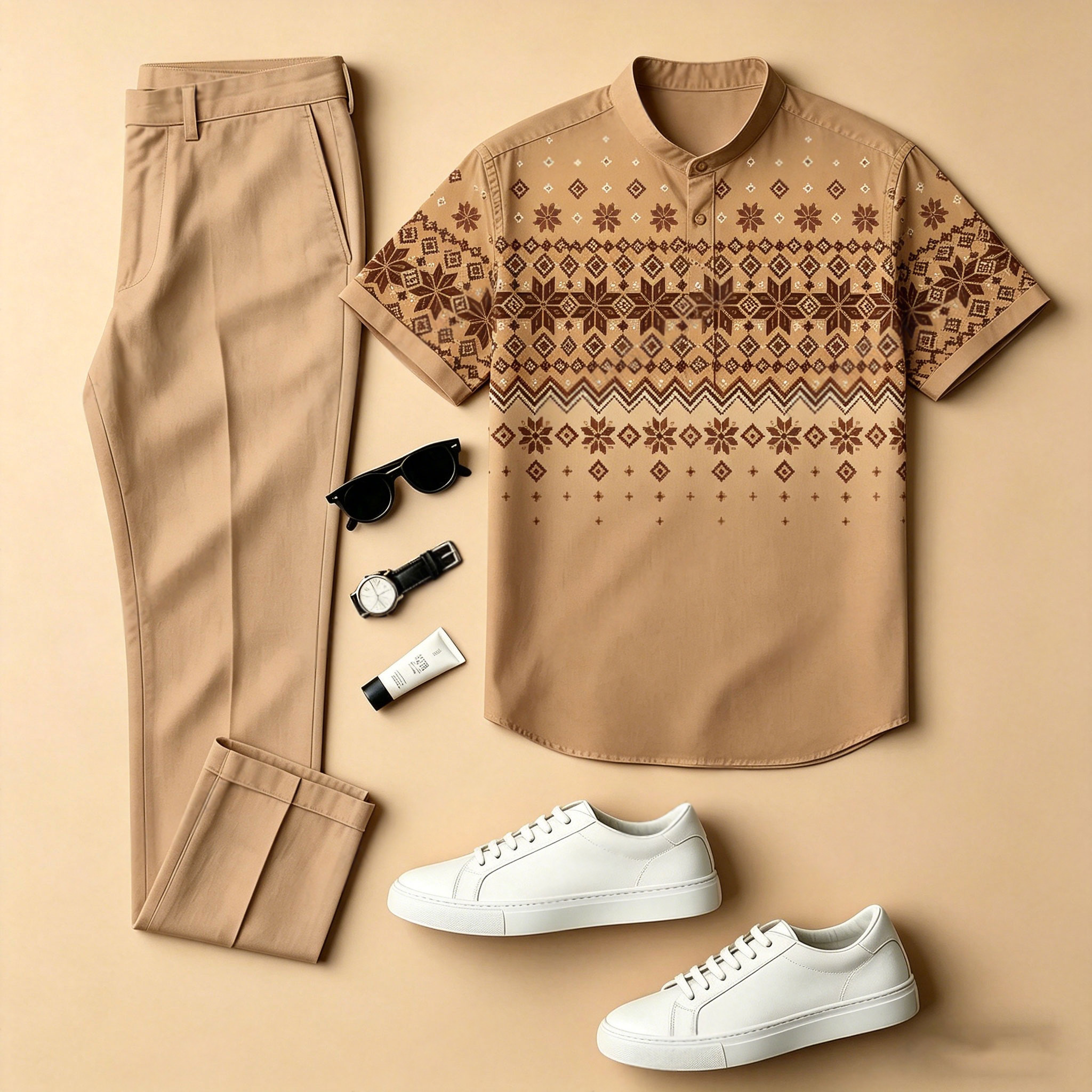 Conjunto de dos piezas casual Color-Blocked estampado Crew Neck de manga corta camisa And Trousers para hombre