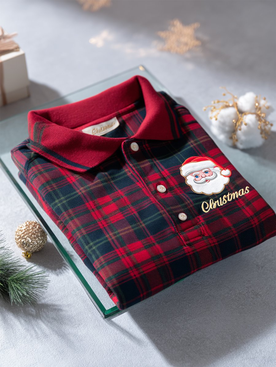 Camisa polo Christmas a cuadros de manga larga para hombre