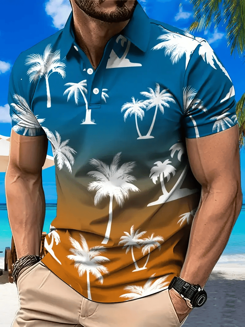Camisa polo hawaiano Coconut Tree estampado de manga corta con botones para hombre