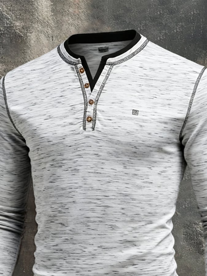 Camiseta Color-Block Patchpara trabajo Faux Two-Piece Henley Neck de manga larga para hombre