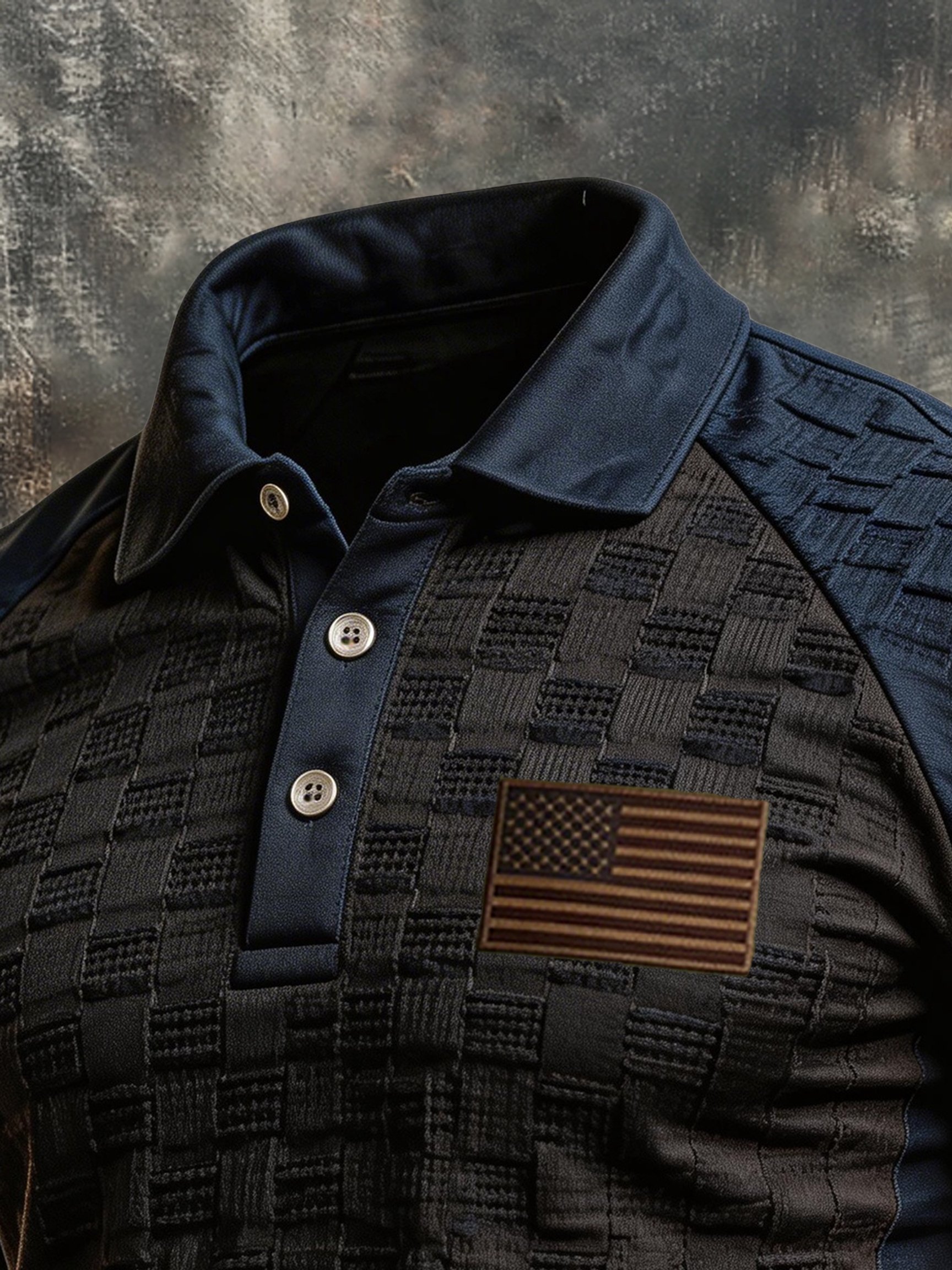 Camiseta retro "Patriot" Textured Fabric de manga corta with Contrast Polo Collar para hombre