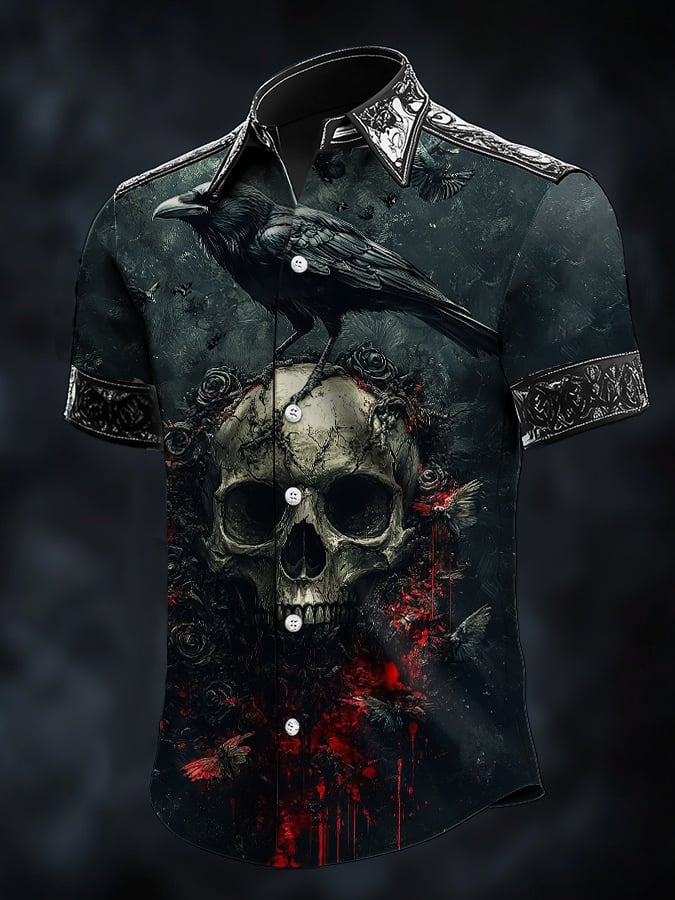 Camisa casual Dark Skull Crow Art satén para hombre