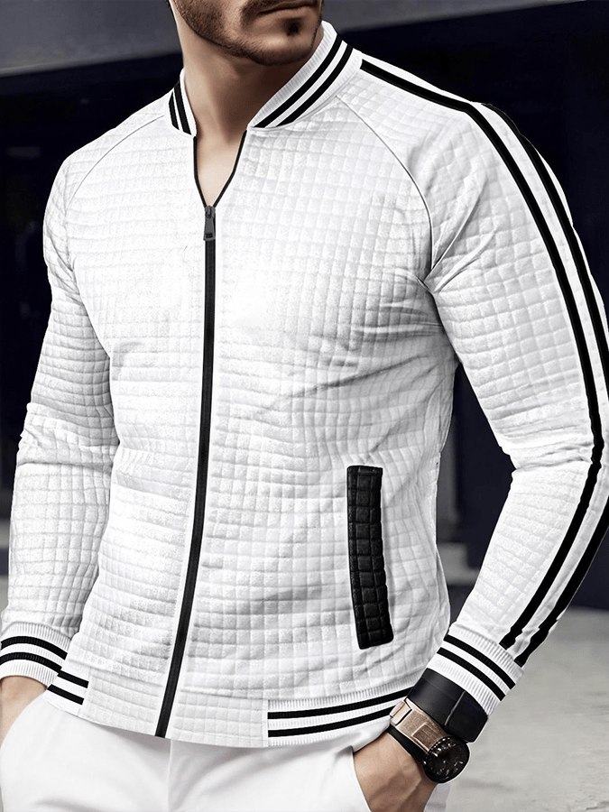 Chaqueta jacquard Stand cuello de color sólido cierre para exterior Versatile para hombre