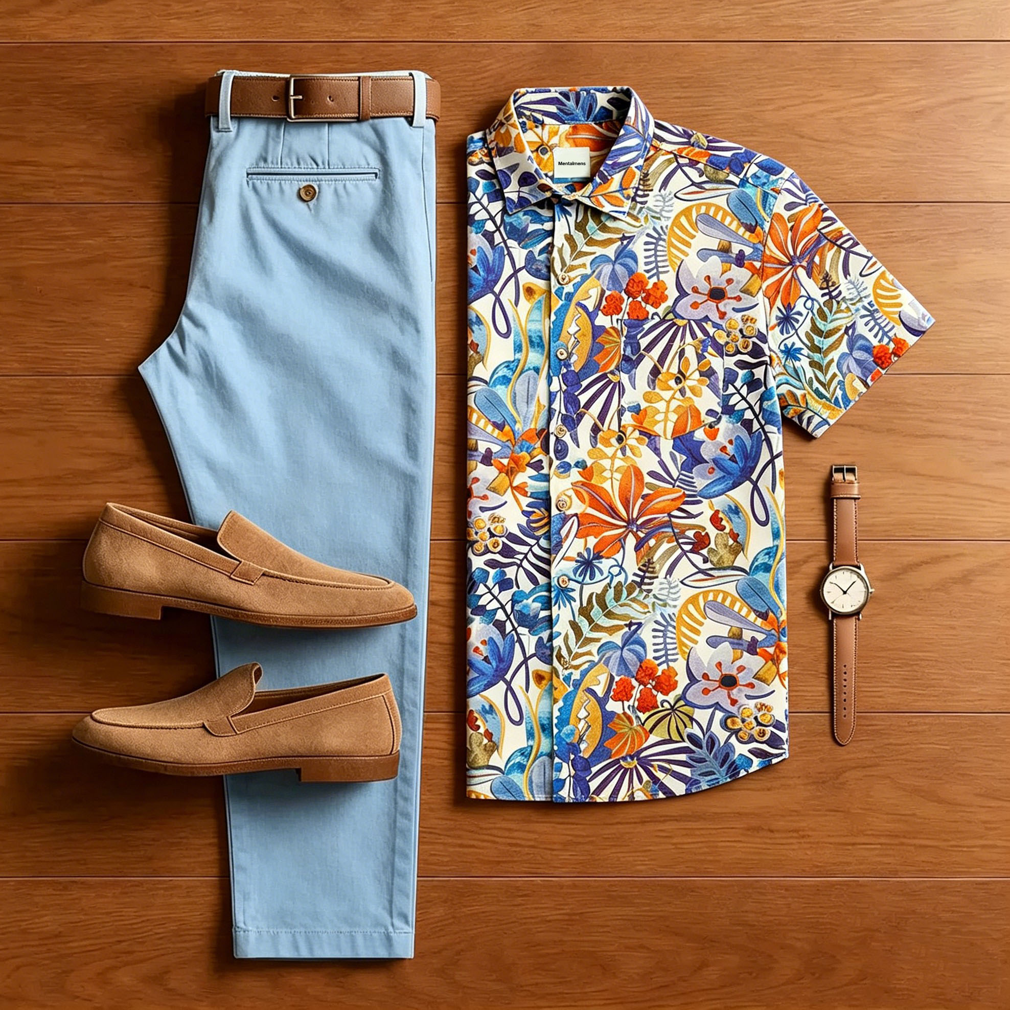 Conjunto de dos piezas casual Style Colorful Flowers estampado With Polo Collar camisa & pantalón para hombre