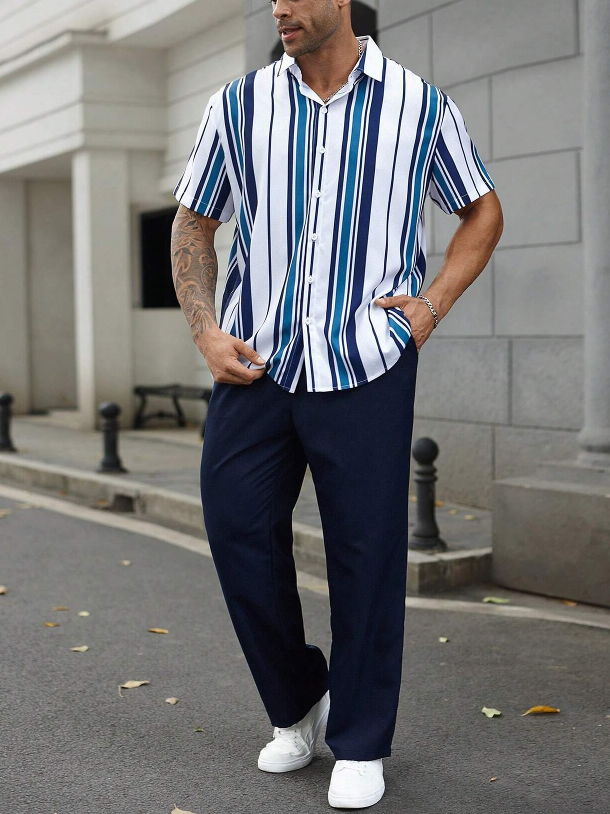 Camisa Hawaiian estampado de manga corta Walking Set 3 Colors 415 para hombre