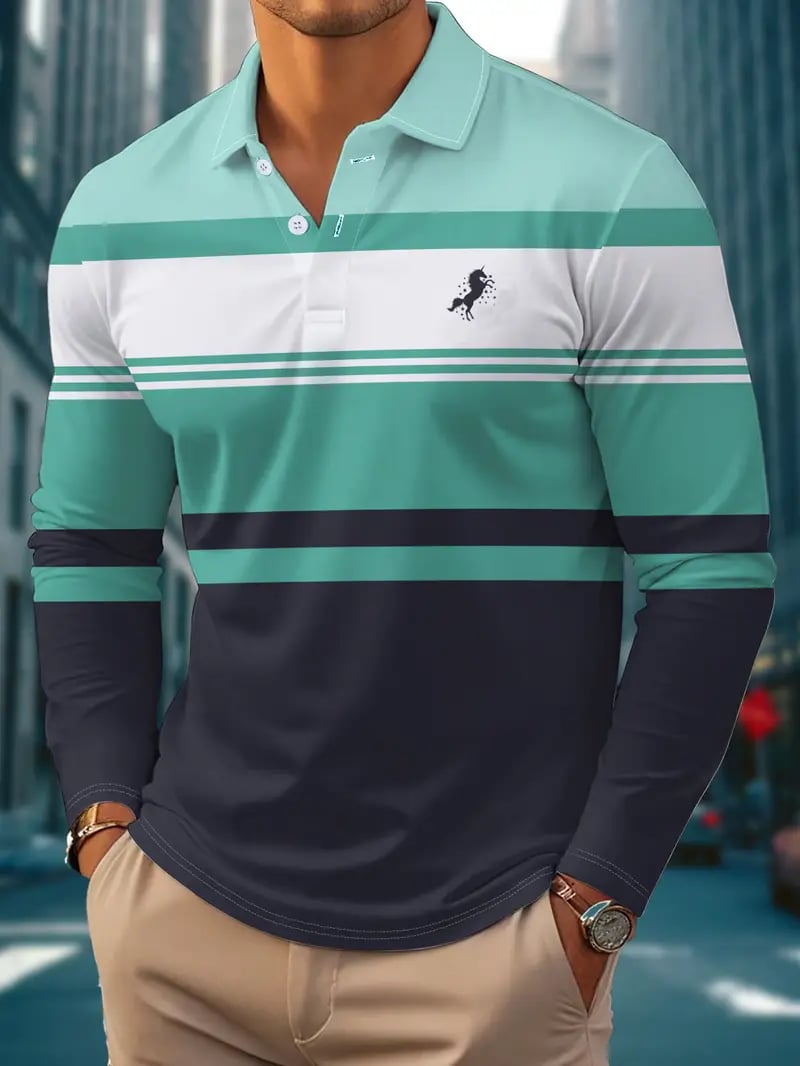 Camisa polo retro ejecutivo rayas estampado de manga larga para hombre
