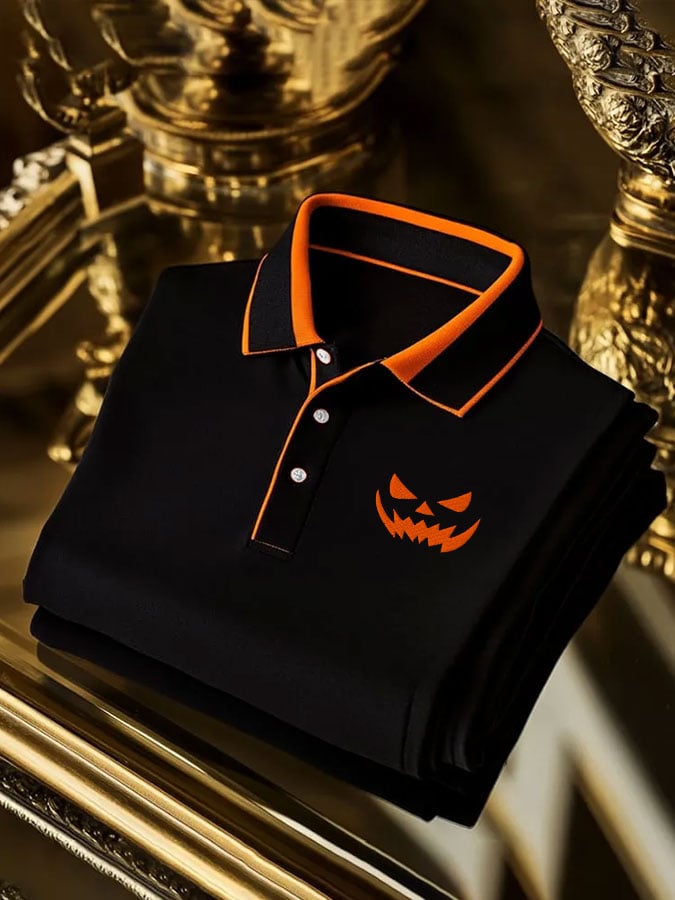Camisa polo Halloween Pumpkin Face Contrast Color casual estampado para hombre