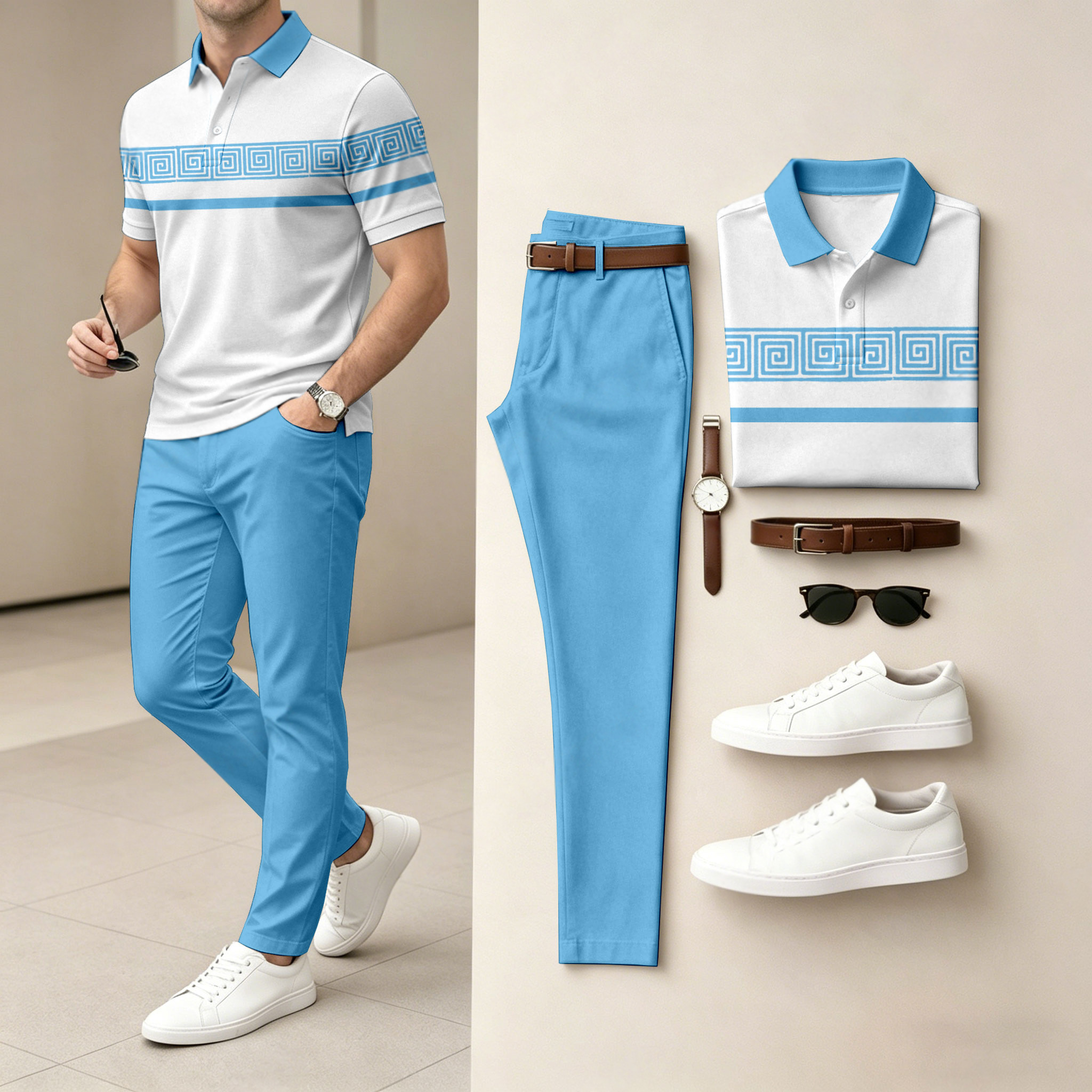 Camisa polo casual Geometric estampado de manga corta And pantalón Set (Excludes Accessories Such As Watches And Belts) para hombre